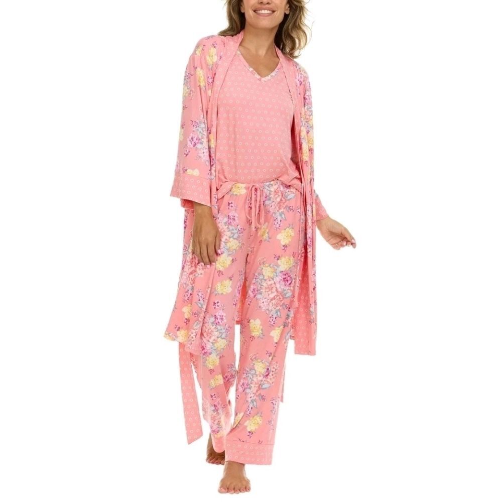 Flora Nikrooz Super Soft Knit 3pc Lounge Pajama Set Tank Pant Robe, Pink Floral